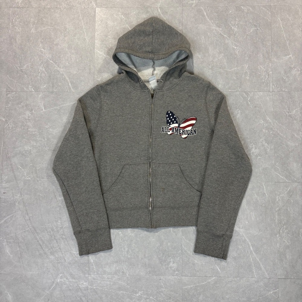 Ragdoll All American Girl Butterfly Zip Up Hoodie Gray Glitter Flag Graphic